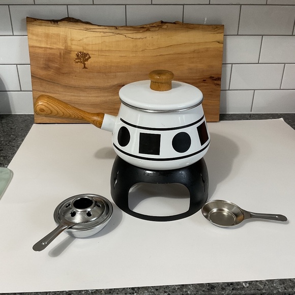 VTG Fondue Pot with Stand, White Enamel Pot MCM Black Geometric Circle Squares - Picture 1 of 9